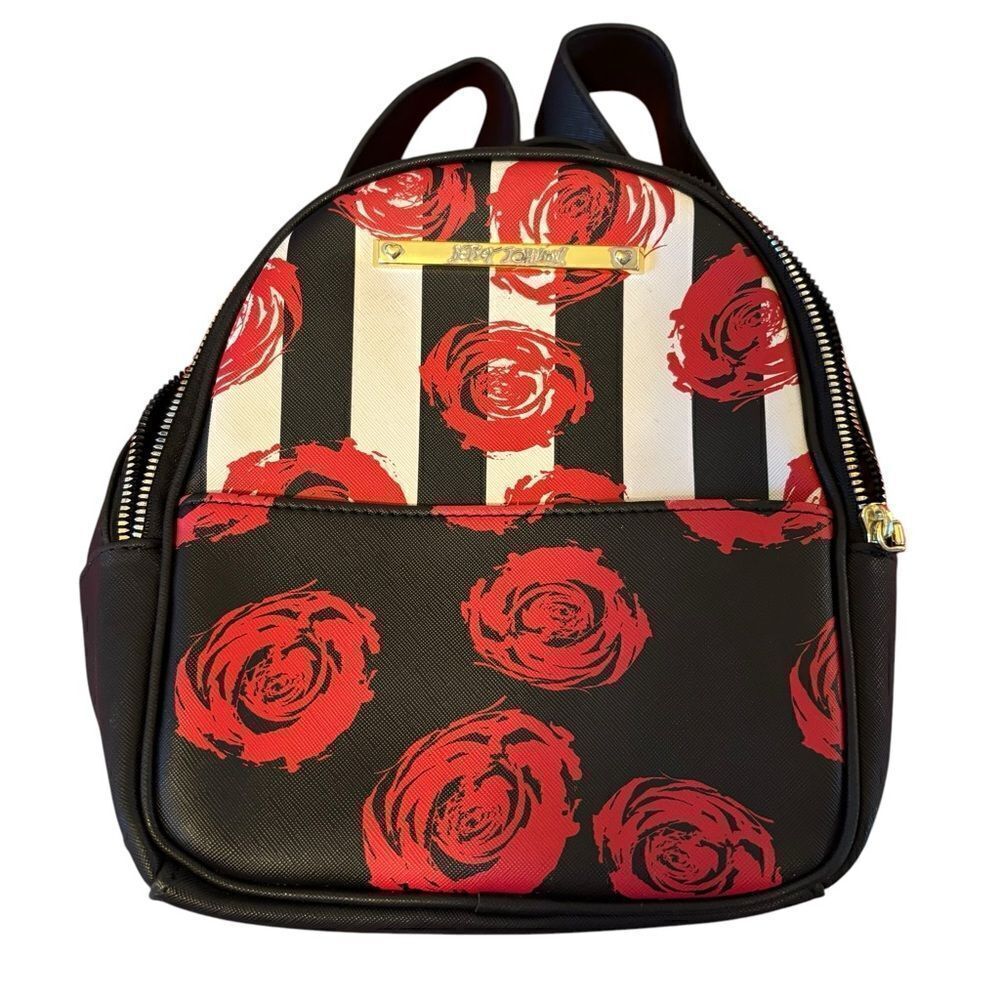 Betsey Johnson Black, White & Red Floral Mini Backpack w/ Gold Hardware